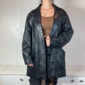 Vintage 80s Genuine 100% Leather Black Trench Coat